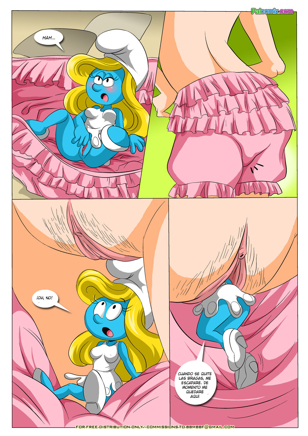 Pitufina smiling mysteriously, her plan unfolding